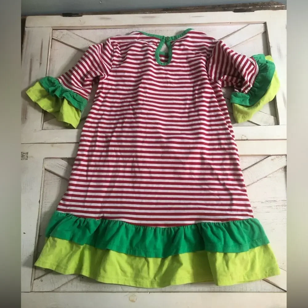 Magical seasons green Christmas tree sparkle red white striped ruffle dress 4/5